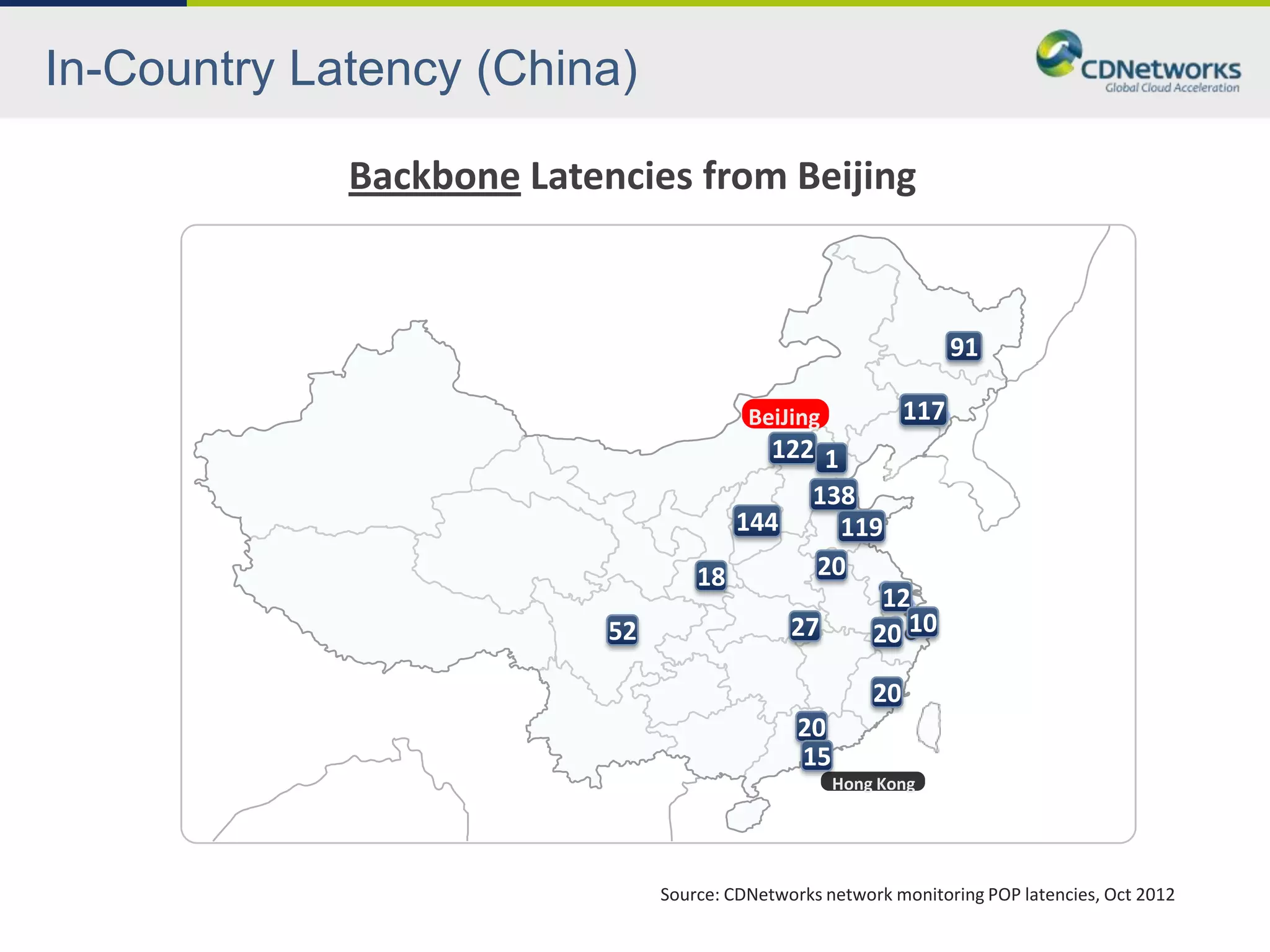 In-Country Latency (China)

             Backbone Latencies from Beijing


                                                                    91

                                          BeiJing             117
                                          122 1
                                             138
                                       144      119
                                    18       20
                                                   12
                           52              27     20 10

                                                         20
                                                20
                                                15
                                                     Hong Kong




                                Source: CDNetworks network monitoring POP latencies, Oct 2012
 