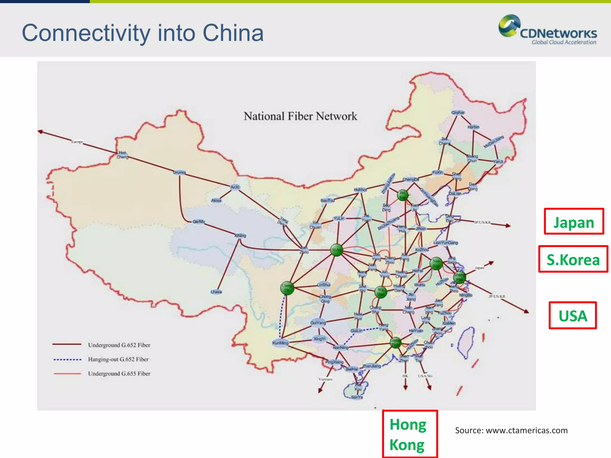 Connectivity into China




                                                       Japan

                                                      S.Korea


                                                        USA




                          Hong   Source: www.ctamericas.com
                          Kong
 