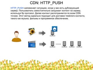 CDN: HTTP_PUSH
HTTP_PUSH напоминает ситуацию, когда у вас есть дублирующий
сервер. Пользователь самостоятельно загружает контент на сервер,
используя ftp протокол. Далее контент распотраняется по всем CDN
точкам. Этот метод идеально подходит для доставки тяжёлого контента,
такого как музыка, фильмы и программное обеспечение.
 