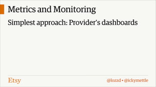 Metrics and Monitoring
Simplest approach: Provider’s dashboards

@lozzd • @ickymettle

 