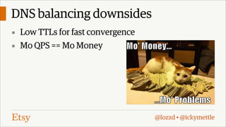 DNS balancing downsides
▪ Low TTLs for fast convergence
▪ Mo QPS == Mo Money

@lozzd • @ickymettle

 