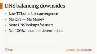 DNS balancing downsides
▪ Low TTLs for fast convergence
▪ Mo QPS == Mo Money
▪ More DNS lookups for users
▪ Not 100% instant or deterministic

@lozzd • @ickymettle

 