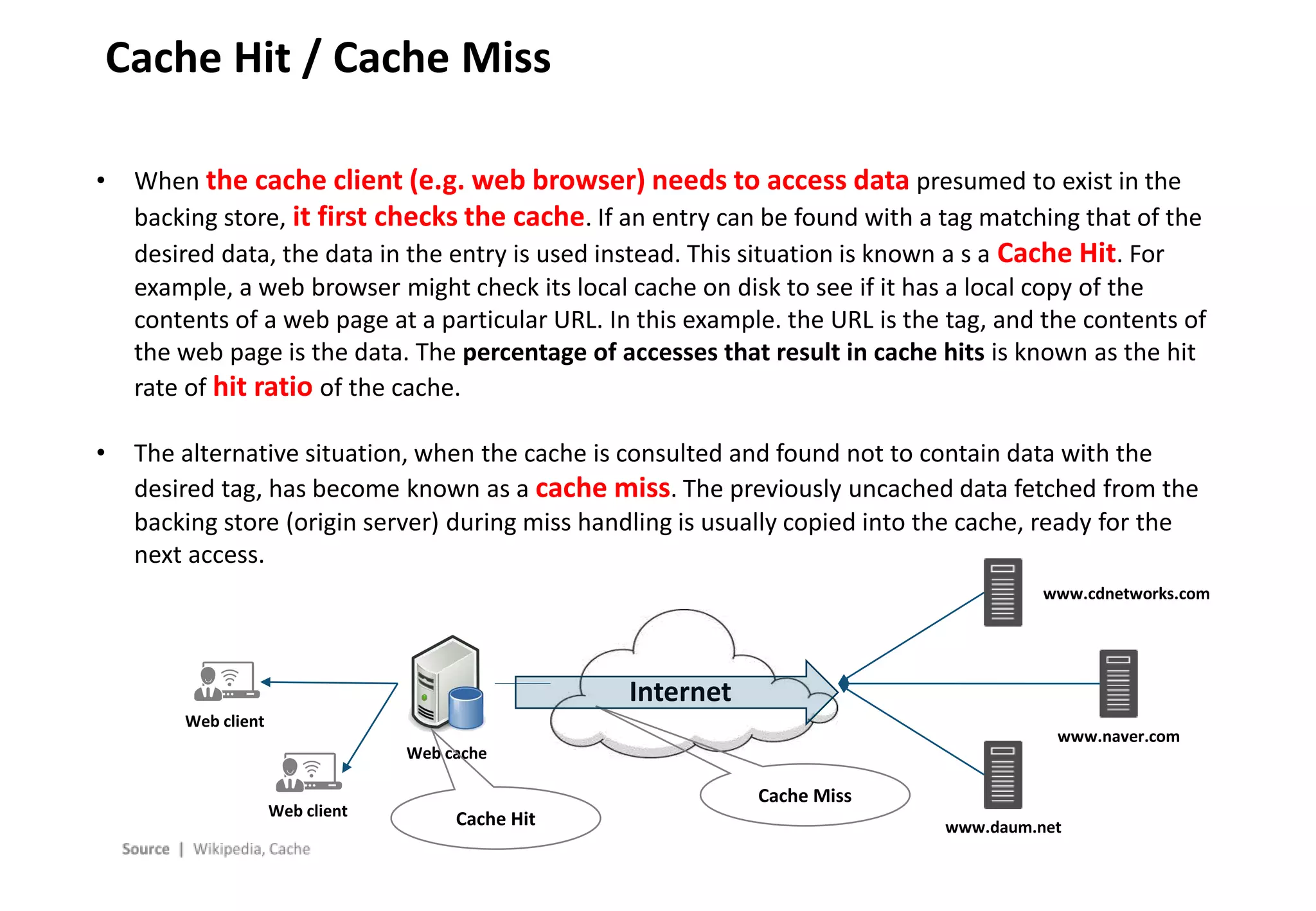 - 11 -
Cache Hit / Cache Miss
• When the cache client (e.g. web browser) needs to access data presumed to exist in the
backing store, it first checks the cache. If an entry can be found with a tag matching that of the
desired data, the data in the entry is used instead. This situation is known a s a Cache Hit. For
example, a web browser might check its local cache on disk to see if it has a local copy of the
contents of a web page at a particular URL. In this example. the URL is the tag, and the contents of
the web page is the data. The percentage of accesses that result in cache hits is known as the hit
rate of hit ratio of the cache.
• The alternative situation, when the cache is consulted and found not to contain data with the
desired tag, has become known as a cache miss. The previously uncached data fetched from the
backing store (origin server) during miss handling is usually copied into the cache, ready for the
next access.
Internet
Web client
Web client
Web cache
www.cdnetworks.com
www.daum.net
www.naver.com
Cache Hit
Cache Miss
 