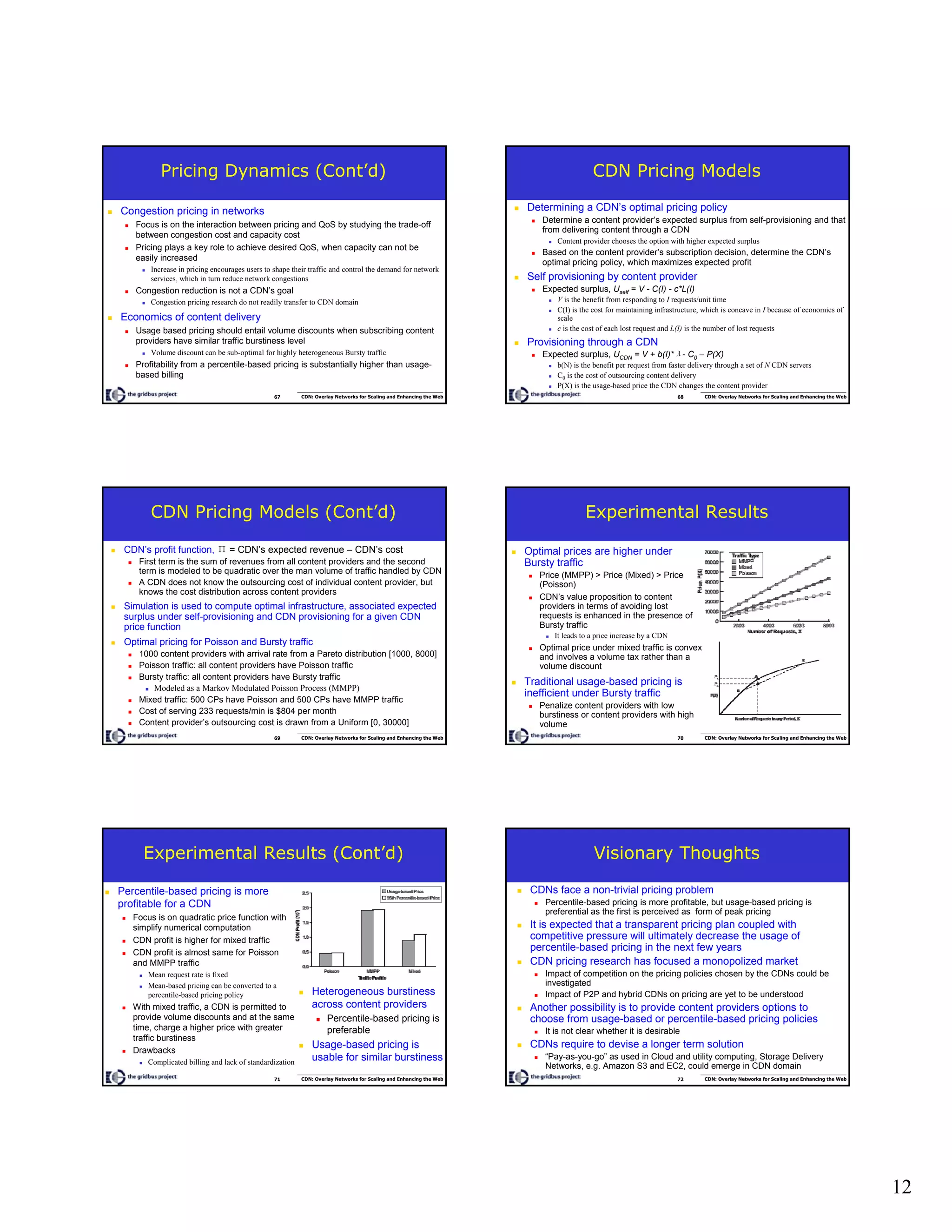 12
67 CDN: Overlay Networks for Scaling and Enhancing the Web
Pricing Dynamics (Cont’d)
Congestion pricing in networks
Focus is on the interaction between pricing and QoS by studying the trade-off
between congestion cost and capacity cost
Pricing plays a key role to achieve desired QoS, when capacity can not be
easily increased
Increase in pricing encourages users to shape their traffic and control the demand for network
services, which in turn reduce network congestions
Congestion reduction is not a CDN’s goal
Congestion pricing research do not readily transfer to CDN domain
Economics of content delivery
Usage based pricing should entail volume discounts when subscribing content
providers have similar traffic burstiness level
Volume discount can be sub-optimal for highly heterogeneous Bursty traffic
Profitability from a percentile-based pricing is substantially higher than usage-
based billing
68 CDN: Overlay Networks for Scaling and Enhancing the Web
CDN Pricing Models
Determining a CDN’s optimal pricing policy
Determine a content provider’s expected surplus from self-provisioning and that
from delivering content through a CDN
Content provider chooses the option with higher expected surplus
Based on the content provider’s subscription decision, determine the CDN’s
optimal pricing policy, which maximizes expected profit
Self provisioning by content provider
Expected surplus, Uself = V - C(I) - c*L(I)
V is the benefit from responding to I requests/unit time
C(I) is the cost for maintaining infrastructure, which is concave in I because of economies of
scale
c is the cost of each lost request and L(I) is the number of lost requests
Provisioning through a CDN
Expected surplus, UCDN = V + b(I)*λ- C0 – P(X)
b(N) is the benefit per request from faster delivery through a set of N CDN servers
C0 is the cost of outsourcing content delivery
P(X) is the usage-based price the CDN changes the content provider
69 CDN: Overlay Networks for Scaling and Enhancing the Web
CDN Pricing Models (Cont’d)
CDN’s profit function, Π = CDN’s expected revenue – CDN’s cost
First term is the sum of revenues from all content providers and the second
term is modeled to be quadratic over the man volume of traffic handled by CDN
A CDN does not know the outsourcing cost of individual content provider, but
knows the cost distribution across content providers
Simulation is used to compute optimal infrastructure, associated expected
surplus under self-provisioning and CDN provisioning for a given CDN
price function
Optimal pricing for Poisson and Bursty traffic
1000 content providers with arrival rate from a Pareto distribution [1000, 8000]
Poisson traffic: all content providers have Poisson traffic
Bursty traffic: all content providers have Bursty traffic
Modeled as a Markov Modulated Poisson Process (MMPP)
Mixed traffic: 500 CPs have Poisson and 500 CPs have MMPP traffic
Cost of serving 233 requests/min is $804 per month
Content provider’s outsourcing cost is drawn from a Uniform [0, 30000]
70 CDN: Overlay Networks for Scaling and Enhancing the Web
Experimental Results
Optimal prices are higher under
Bursty traffic
Price (MMPP) > Price (Mixed) > Price
(Poisson)
CDN’s value proposition to content
providers in terms of avoiding lost
requests is enhanced in the presence of
Bursty traffic
It leads to a price increase by a CDN
Optimal price under mixed traffic is convex
and involves a volume tax rather than a
volume discount
Traditional usage-based pricing is
inefficient under Bursty traffic
Penalize content providers with low
burstiness or content providers with high
volume
71 CDN: Overlay Networks for Scaling and Enhancing the Web
Experimental Results (Cont’d)
Percentile-based pricing is more
profitable for a CDN
Focus is on quadratic price function with
simplify numerical computation
CDN profit is higher for mixed traffic
CDN profit is almost same for Poisson
and MMPP traffic
Mean request rate is fixed
Mean-based pricing can be converted to a
percentile-based pricing policy
With mixed traffic, a CDN is permitted to
provide volume discounts and at the same
time, charge a higher price with greater
traffic burstiness
Drawbacks
Complicated billing and lack of standardization
Heterogeneous burstiness
across content providers
Percentile-based pricing is
preferable
Usage-based pricing is
usable for similar burstiness
72 CDN: Overlay Networks for Scaling and Enhancing the Web
Visionary Thoughts
CDNs face a non-trivial pricing problem
Percentile-based pricing is more profitable, but usage-based pricing is
preferential as the first is perceived as form of peak pricing
It is expected that a transparent pricing plan coupled with
competitive pressure will ultimately decrease the usage of
percentile-based pricing in the next few years
CDN pricing research has focused a monopolized market
Impact of competition on the pricing policies chosen by the CDNs could be
investigated
Impact of P2P and hybrid CDNs on pricing are yet to be understood
Another possibility is to provide content providers options to
choose from usage-based or percentile-based pricing policies
It is not clear whether it is desirable
CDNs require to devise a longer term solution
“Pay-as-you-go” as used in Cloud and utility computing, Storage Delivery
Networks, e.g. Amazon S3 and EC2, could emerge in CDN domain
 