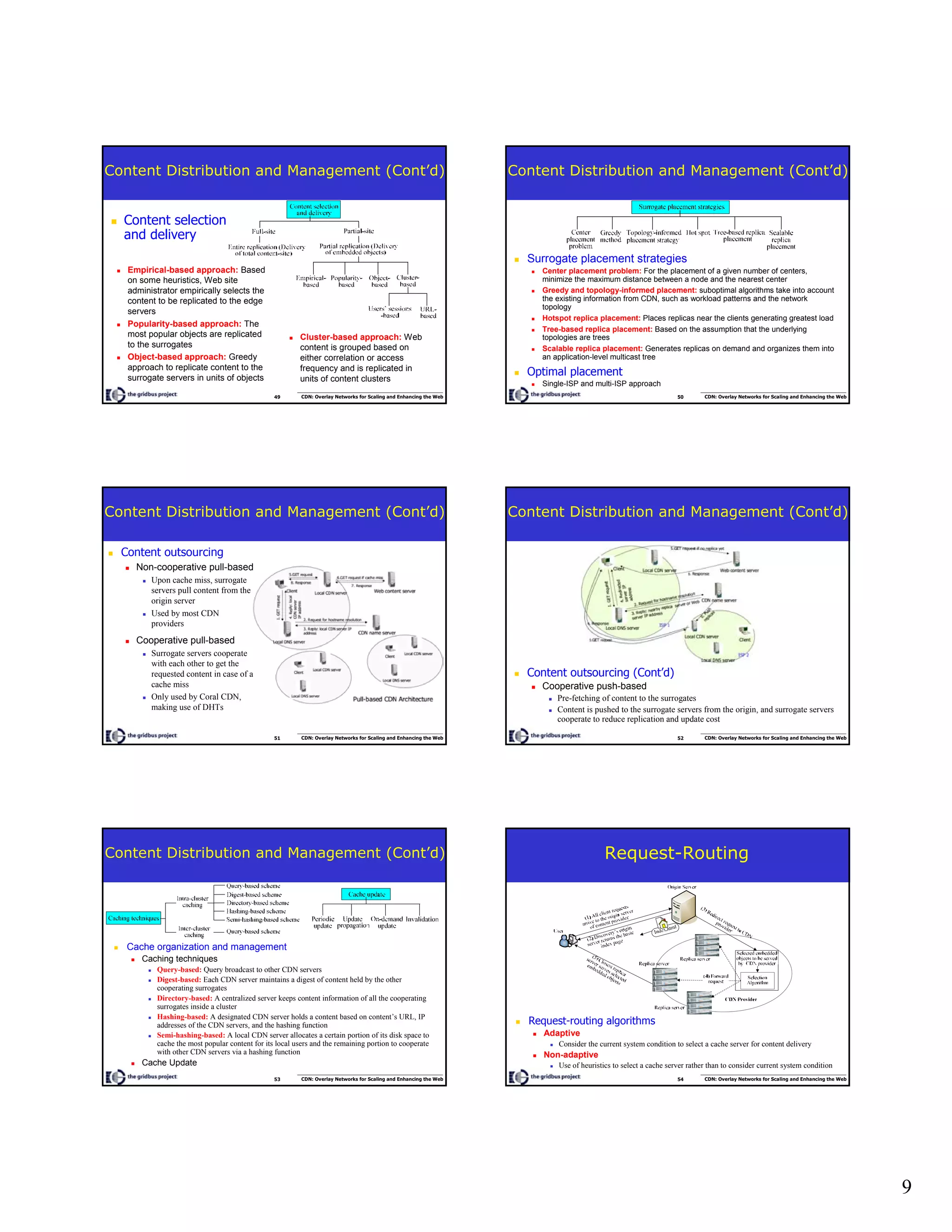 9
49 CDN: Overlay Networks for Scaling and Enhancing the Web
Content Distribution and Management (Cont’d)
Content selection
and delivery
Empirical-based approach: Based
on some heuristics, Web site
administrator empirically selects the
content to be replicated to the edge
servers
Popularity-based approach: The
most popular objects are replicated
to the surrogates
Object-based approach: Greedy
approach to replicate content to the
surrogate servers in units of objects
Cluster-based approach: Web
content is grouped based on
either correlation or access
frequency and is replicated in
units of content clusters
50 CDN: Overlay Networks for Scaling and Enhancing the Web
Surrogate placement strategies
Center placement problem: For the placement of a given number of centers,
minimize the maximum distance between a node and the nearest center
Greedy and topology-informed placement: suboptimal algorithms take into account
the existing information from CDN, such as workload patterns and the network
topology
Hotspot replica placement: Places replicas near the clients generating greatest load
Tree-based replica placement: Based on the assumption that the underlying
topologies are trees
Scalable replica placement: Generates replicas on demand and organizes them into
an application-level multicast tree
Optimal placement
Single-ISP and multi-ISP approach
Content Distribution and Management (Cont’d)
51 CDN: Overlay Networks for Scaling and Enhancing the Web
Content Distribution and Management (Cont’d)
Content outsourcing
Non-cooperative pull-based
Upon cache miss, surrogate
servers pull content from the
origin server
Used by most CDN
providers
Cooperative pull-based
Surrogate servers cooperate
with each other to get the
requested content in case of a
cache miss
Only used by Coral CDN,
making use of DHTs
52 CDN: Overlay Networks for Scaling and Enhancing the Web
Content outsourcing (Cont’d)
Cooperative push-based
Pre-fetching of content to the surrogates
Content is pushed to the surrogate servers from the origin, and surrogate servers
cooperate to reduce replication and update cost
Content Distribution and Management (Cont’d)
53 CDN: Overlay Networks for Scaling and Enhancing the Web
Content Distribution and Management (Cont’d)
Cache organization and management
Caching techniques
Query-based: Query broadcast to other CDN servers
Digest-based: Each CDN server maintains a digest of content held by the other
cooperating surrogates
Directory-based: A centralized server keeps content information of all the cooperating
surrogates inside a cluster
Hashing-based: A designated CDN server holds a content based on content’s URL, IP
addresses of the CDN servers, and the hashing function
Semi-hashing-based: A local CDN server allocates a certain portion of its disk space to
cache the most popular content for its local users and the remaining portion to cooperate
with other CDN servers via a hashing function
Cache Update
54 CDN: Overlay Networks for Scaling and Enhancing the Web
Request-Routing
Request-routing algorithms
Adaptive
Consider the current system condition to select a cache server for content delivery
Non-adaptive
Use of heuristics to select a cache server rather than to consider current system condition
 