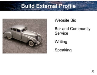 53
Build External Profile
Website Bio
Bar and Community
Service
Writing
Speaking
 