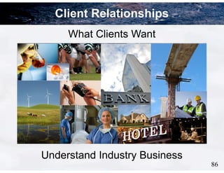 86
Understand Industry Business
What Clients Want
Client Relationships
 