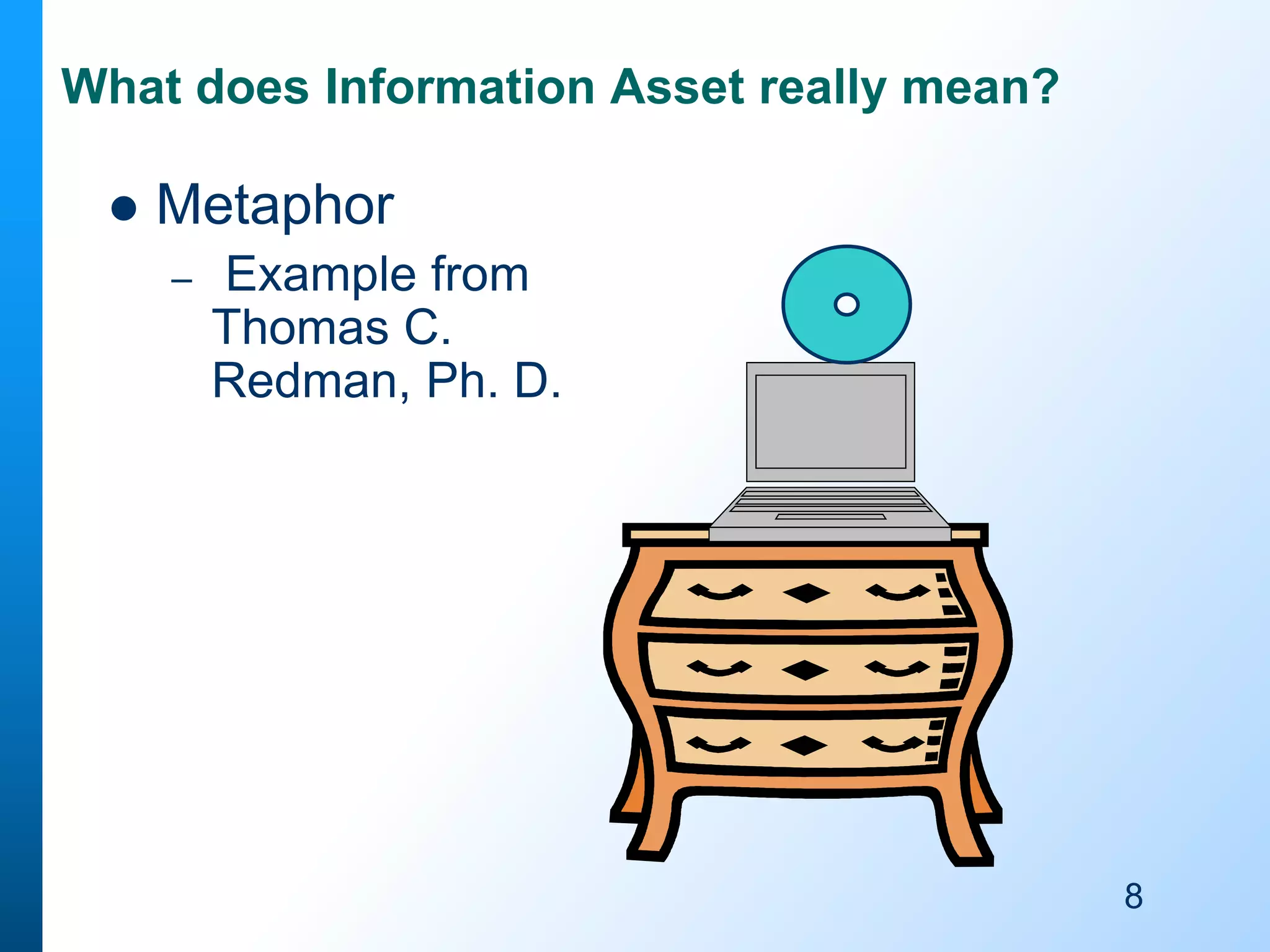 What does Information Asset really mean?


Metaphor
–

Example from
Thomas C.
Redman, Ph. D.

8

 