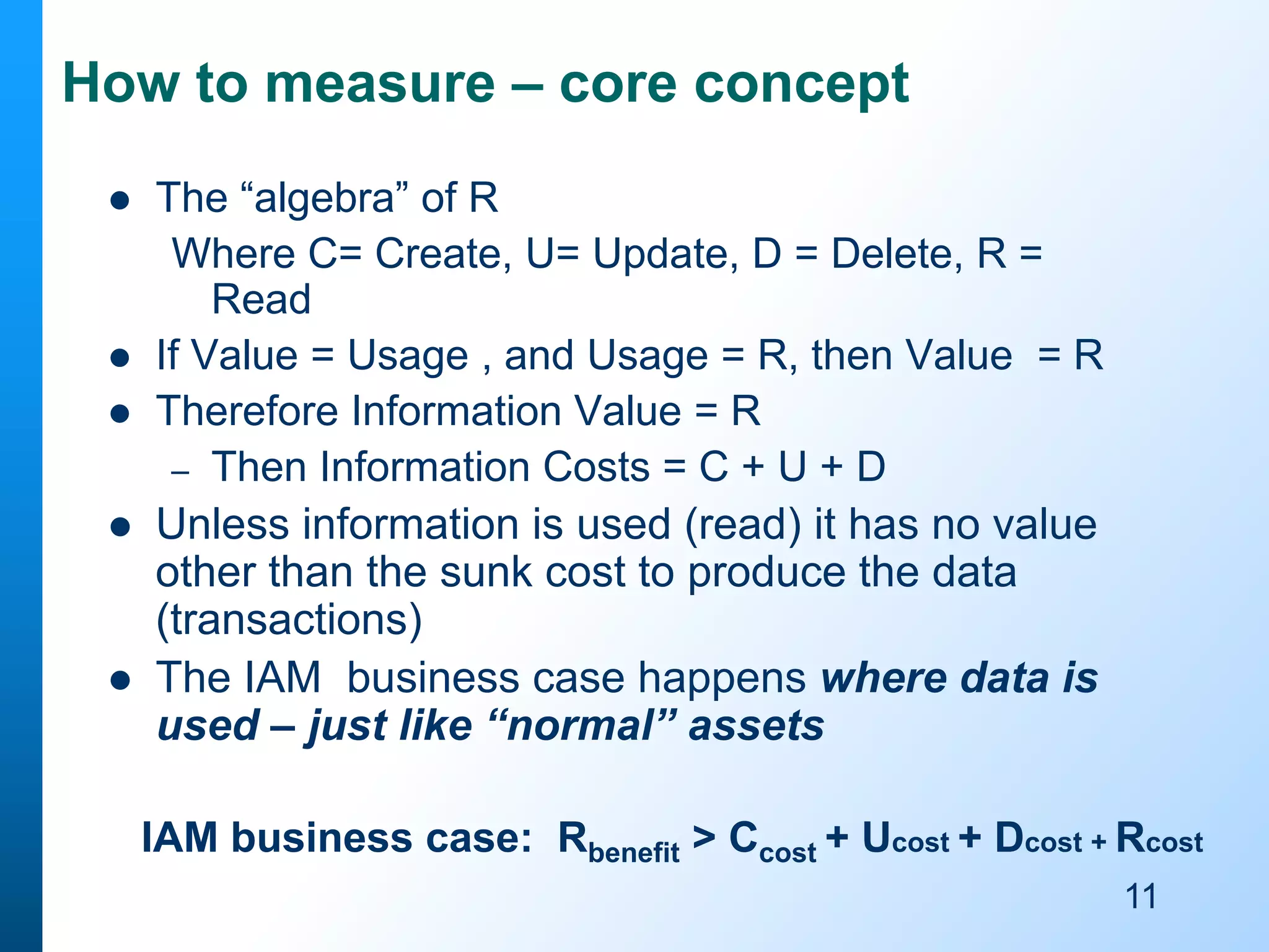 How to measure – core concept










The “algebra” of R
Where C= Create, U= Update, D = Delete, R =
Read
If Value = Usage , and Usage = R, then Value = R
Therefore Information Value = R
– Then Information Costs = C + U + D
Unless information is used (read) it has no value
other than the sunk cost to produce the data
(transactions)
The IAM business case happens where data is
used – just like “normal” assets
IAM business case: Rbenefit > Ccost + Ucost + Dcost + Rcost
11

 