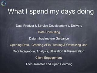 Data Product & Service Development & Delivery
Data Consulting
Data Infrastructure Guidance
Opening Data, Creating APIs, Te...