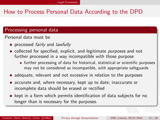 Legal Framework
How to Process Personal Data According to the DPD
Processing personal data
Personal data must be
processed fairly and lawfully
collected for speciﬁed, explicit, and legitimate purposes and not
further processed in a way incompatible with those purpose
further processing of data for historical, statistical or scientiﬁc purposes
may not be considered as incompatible, with appropriate safeguards
adequate, relevant and not excessive in relation to the purposes
accurate and, where necessary, kept up to date; inaccurate or
incomplete data should be erased or rectiﬁed
kept in a form which permits identiﬁcation of data subjects for no
longer than is necessary for the purposes.
Cevenini, Denti, Omicini, Cerno (UniBo) Privacy through Anonymisation DMI, Catania, 29/07/2016 12 / 38
 