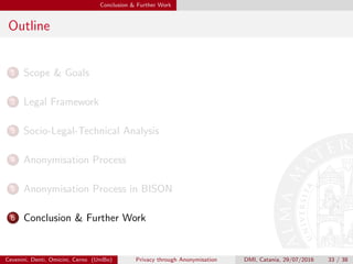 Conclusion & Further Work
Outline
1 Scope & Goals
2 Legal Framework
3 Socio-Legal-Technical Analysis
4 Anonymisation Process
5 Anonymisation Process in BISON
6 Conclusion & Further Work
Cevenini, Denti, Omicini, Cerno (UniBo) Privacy through Anonymisation DMI, Catania, 29/07/2016 33 / 38
 
