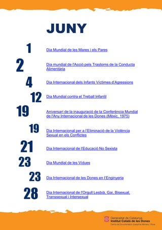 JUNY
Dia Mundial de les Mares i els Pares
Dia mundial de l'Acció pels Trastorns de la Conducta
Alimentària
Dia Internacional dels Infants Víctimes d’Agressions
Dia Mundial contra el Treball Infantil
Aniversari de la inauguració de la Conferència Mundial
de l'Any Internacional de les Dones (Mèxic, 1975)
Dia Internacional per a l’Eliminació de la Violència
Sexual en els Conflictes
Dia Internacional de l'Educació No Sexista
Dia Mundial de les Vídues
Dia Internacional de les Dones en I’Enginyeria
Dia Internacional de l'Orgull Lesbià, Gai, Bisexual,
Transsexual i Intersexual
 