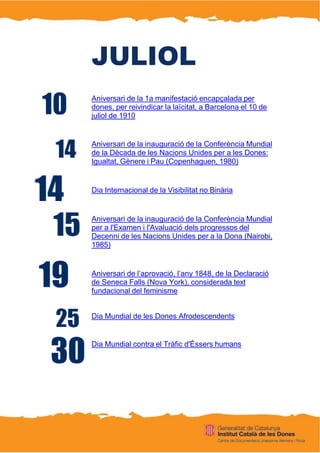 JULIOL
Aniversari de la 1a manifestació encapçalada per
dones, per reivindicar la laïcitat, a Barcelona el 10 de
juliol de 1910
Aniversari de la inauguració de la Conferència Mundial
de la Dècada de les Nacions Unides per a les Dones:
Igualtat, Gènere i Pau (Copenhaguen, 1980)
Dia Internacional de la Visibilitat no Binària
Aniversari de la inauguració de la Conferència Mundial
per a l'Examen i l'Avaluació dels progressos del
Decenni de les Nacions Unides per a la Dona (Nairobi,
1985)
Aniversari de l’aprovació, l’any 1848, de la Declaració
de Seneca Falls (Nova York), considerada text
fundacional del feminisme
Dia Mundial de les Dones Afrodescendents
Dia Mundial contra el Tràfic d'Éssers humans
 