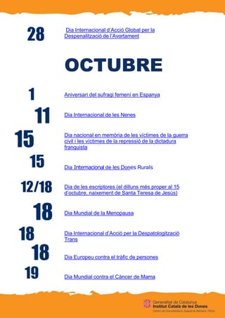 Dia Internacional d’Acció Global per la
Despenalització de l’Avortament
OCTUBRE
Aniversari del sufragi femení en Espanya
Dia Internacional de les Nenes
Dia nacional en memòria de les víctimes de la guerra
civil i les víctimes de la repressió de la dictadura
franquista
Dia Internacional de les Dones Rurals
Dia de les escriptores (el dilluns més proper al 15
d’octubre, naixement de Santa Teresa de Jesús)
Dia Mundial de la Menopausa
Dia Internacional d’Acció per la Despatologització
Trans
Dia Europeu contra el tràfic de persones
Dia Mundial contra el Càncer de Mama
 