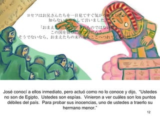 José les reconoció  inmediatamente, pero actuó como que no lo les conocía  y dijo, “Ustedes no son de Egipto, Ustedes son espías.  Vinieron a ver cuáles son las defensas del país.  Para probar su inocencia, uno de ustedes debe ir a buscar a  su hermano menor.”  