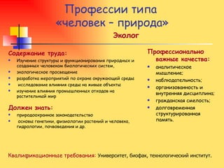 Профессии типа  «человек – природа» Эколог Содержание труда: Изучение структуры и функционирования природных и созданных человеком биологических систем, экологическое просвещение разработка мероприятий по охране окружающей среды исследование влияния среды на живые объекты изучение влияния промышленных отходов на растительный мир Должен знать: природоохранное законодательство основы генетики, физиологии растений и человека, гидрологии, почвоведения и др. Профессионально важные качества: аналитическое мышление; наблюдательность; организованность и внутренняя дисциплина; гражданская смелость; долговременная структурированная память. Квалификационные требования:   Университет, биофак, технологический институт. 