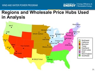 WIND AND WATER POWER PROGRAM


Regions and Wholesale Price Hubs Used
in Analysis
                                                                                               Maine Zone
         Mid-C
            •                                                                                       °
                                                  Minnesota Hub

   •
      COB
                                                       •                                        Mass Hub

                                                                                      •NYISO•A •
                                              °
                                        WAUE Interface                 Michigan Hub
                                                                                      NYISO G


                                                                  • •
                                                              NI Hub

                                                      °
                                                   Iowa Zone
                                                                       Cinergy Hub •
                                                                                   PJM West

  •
 NP-15                                                                                                      Northwest
                                                                •
                                                             Illinois Hub •
                                                                                                            California
                                                                                   DOM°
              Mead                                                                      Zone
                                                                                                            Mountain
                                                         °Zone
         • •
                         Four Corners                                                                       Texas
                                                   Missouri
                              •
      SP-15
                                                                                                            Heartland
                                                                                                            Great Lakes
                     •
                 Palo Verde
                                                                                                            East
                                                                                                            New England
                                                                                                            Southeast
                                                           •
                                        • ERCOT West       Entergy




                                                                                                                          35
 