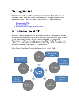 Getting Started
Welcome to the world of windows communication foundation. This section you will
learn what is WCF and how it is differ from web service. Tools require setting up the
environment for WCF development and great books on WCF also mention here.

   •   Introduction to WCF
   •   Development Tools
   •   Difference between WCF and Web service


Introduction to WCF
Windows Communication Foundation (Code named Indigo) is a programming platform
and runtime system for building, configuring and deploying network-distributed services.
It is the latest service oriented technology; Interoperability is the fundamental
characteristics of WCF. It is unified programming model provided in .Net Framework
3.0. WCF is a combined features of Web Service, Remoting, MSMQ and COM+. WCF
provides a common platform for all .NET communication.

Below figures shows the different technology combined to form WCF.
 