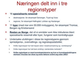 Næringen delt inn i tre regionstyper 16  spesialiserte reisemål destinasjoner, for eksempel Geiranger, Trysil og Voss  regioner, for eksempel Hallingdal, Lofoten og Hardanger 11  byer  (med mer enn 50.000 innbyggere), for eksempel Tromsø, Bergen og Kristiansand Resten av Norge , det vil si områder som ikke inkluderes blant spesialiserte reisemål eller byer, fungerer som kontrollgruppe Undersøke utviklingen i disse tre regionstypene gjennom sprreskjema-, overnattings- og regnskapsstatistikk: Hvilke regionstyper har hatt høyest vekst i reiselivsomsetning og –verdiskaping? Hvilke regionstyper har hatt best utvikling i utenlandske markeder? Hvilke regiontyper er mest kunnskapsintensive og hvor er kunnskapskoblingene sterkest? Hvordan har disse og andre faktorer endret seg siden 2002? 