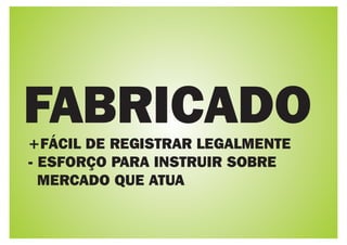 FABRICADO
+FÁCIL DE REGISTRAR LEGALMENTE
- ESFORÇO PARA INSTRUIR SOBRE
  MERCADO QUE ATUA
 