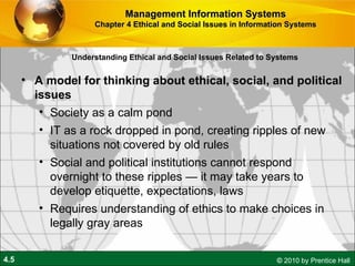 Understanding Ethical and Social Issues Related to Systems A model for thinking about ethical, social, and political issues Society as a calm pond IT as a rock dropped in pond, creating ripples of new situations not covered by old rules Social and political institutions cannot respond overnight to these ripples — it may take years to develop etiquette, expectations, laws Requires understanding of ethics to make choices in legally gray areas Management Information Systems Chapter 4 Ethical and Social Issues in Information Systems 