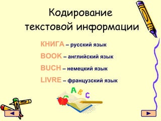 Кодирование  текстовой информации КНИГА  – русский язык BOOK   – английский язык BUCH   –  немецкий язык LIVRE  – французский язык 