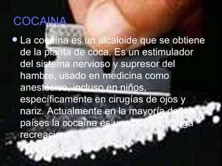 COCAINA La cocaína es un alcaloide que se obtiene de la planta de coca. Es un estimulador del sistema nervioso y supresor del hambre, usado en medicina como anestésico, incluso en niños, específicamente en cirugías de ojos y nariz. Actualmente en la mayoría de los países la cocaína es una popular droga recreacional. 