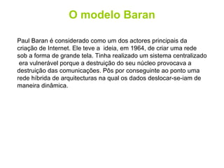 O modelo Baran Paul Baran é considerado como um dos actores principais da criação de Internet. Ele teve a  ideia, em 1964, de criar uma rede sob a forma de grande tela. Tinha realizado um sistema centralizado  era vulnerável porque a destruição do seu núcleo provocava a destruição das comunicações. Pôs por conseguinte ao ponto uma rede híbrida de arquitecturas na qual os dados deslocar-se-iam de maneira dinâmica.  