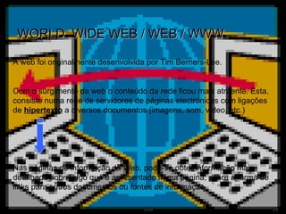 WORLD  WIDE WEB / WEB / WWW A web foi originalmente desenvolvida por Tim Berners-Lee.  Com o surgimento da web o conteúdo da rede ficou mais atraente. Esta, consiste numa rede de servidores de páginas electrónicas com ligações de  hipertexto  a diversos documentos (imagens, som, vídeo, etc.) Nas páginas de informação da Web, pode-se obter informação mais detalhada sobre algo que é apresentado numa página, sobre a forma de links para outros documentos ou fontes de informação. 