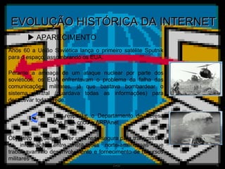 EVOLUÇÃO HISTÓRICA DA INTERNET    APARECIMENTO Anos 60 a União Soviética lança o primeiro satélite Sputnik para o espaço, assombrando os EUA. Perante a ameaça de um ataque nuclear por parte dos soviéticos, os EUA enfrentavam o problema da falha das comunicações militares, já que bastava bombardear o sistema central (guardava todas as informações) para desactivar toda a rede. Em resposta, o Departamento de Defesa  dos EUA criou a ARPAnet Objectivo era desenvolver uma rede segura para transmissão de informação entre instituições norte-americanas que trabalhavam no desenvolvimento e fornecimento de recursos militares 