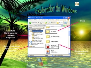 Estrutura hierárquica de pastas e subpastas Pasta Documento ou ficheiro Sinal + indica que a pasta contém subpastas Explorador do Windows 