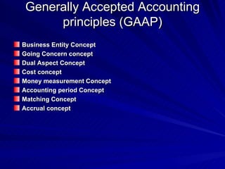 Generally Accepted Accounting principles (GAAP) Business Entity Concept Going Concern concept Dual Aspect Concept Cost concept Money measurement Concept Accounting period Concept Matching Concept Accrual concept 