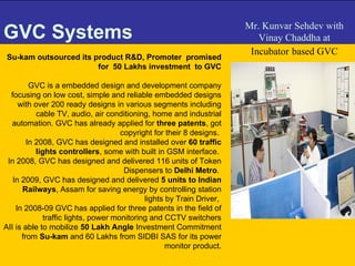 GVC Systems Su-kam outsourced its product R&D, Promoter  promised for  50 Lakhs investment  to GVC GVC is a embedded design and development company focusing on low cost, simple and reliable embedded designs with over 200 ready designs in various segments including cable TV, audio, air conditioning, home and industrial automation. GVC has already applied for  three patents , got copyright for their 8 designs.  In 2008, GVC has designed and installed over  60 traffic lights controllers , some with built in GSM interface.  In 2008, GVC has designed and delivered 116 units of Token Dispensers to  Delhi Metro .  In 2009, GVC has designed and delivered  5 units to Indian Railways , Assam for saving energy by controlling station lights by Train Driver,  In 2008-09 GVC has applied for three patents in the field of traffic lights, power monitoring and CCTV switchers AII is able to mobilize  50 Lakh Angle  Investment Commitment from  Su-kam  and 60 Lakhs from SIDBI SAS for its power monitor product. Mr. Kunvar Sehdev with Vinay Chaddha at  Incubator   based GVC 