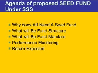 Agenda of proposed SEED FUND Under SSS Why does AII Need A Seed Fund What will Be Fund Structure  What will Be Fund Mandate Performance Monitoring Return Expected 
