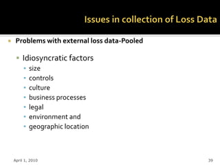     Problems with external loss data-Pooled

      Idiosyncratic factors
       ▪ size
       ▪ controls
       ▪ culture
       ▪ business processes
       ▪ legal
       ▪ environment and
       ▪ geographic location



    April 1, 2010                              39
 