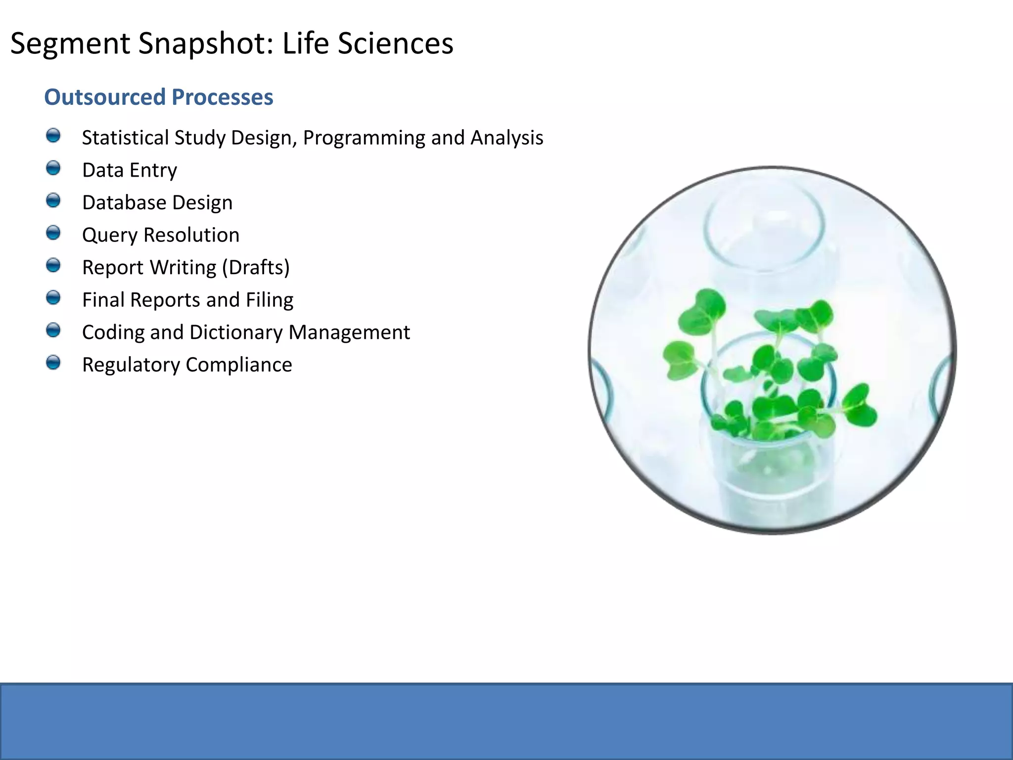 Segment Snapshot: Life SciencesOutsourced ProcessesStatistical Study Design, Programming and Analysis Data Entry Database Design Query Resolution Report Writing (Drafts) Final Reports and Filing Coding and Dictionary Management Regulatory Compliance