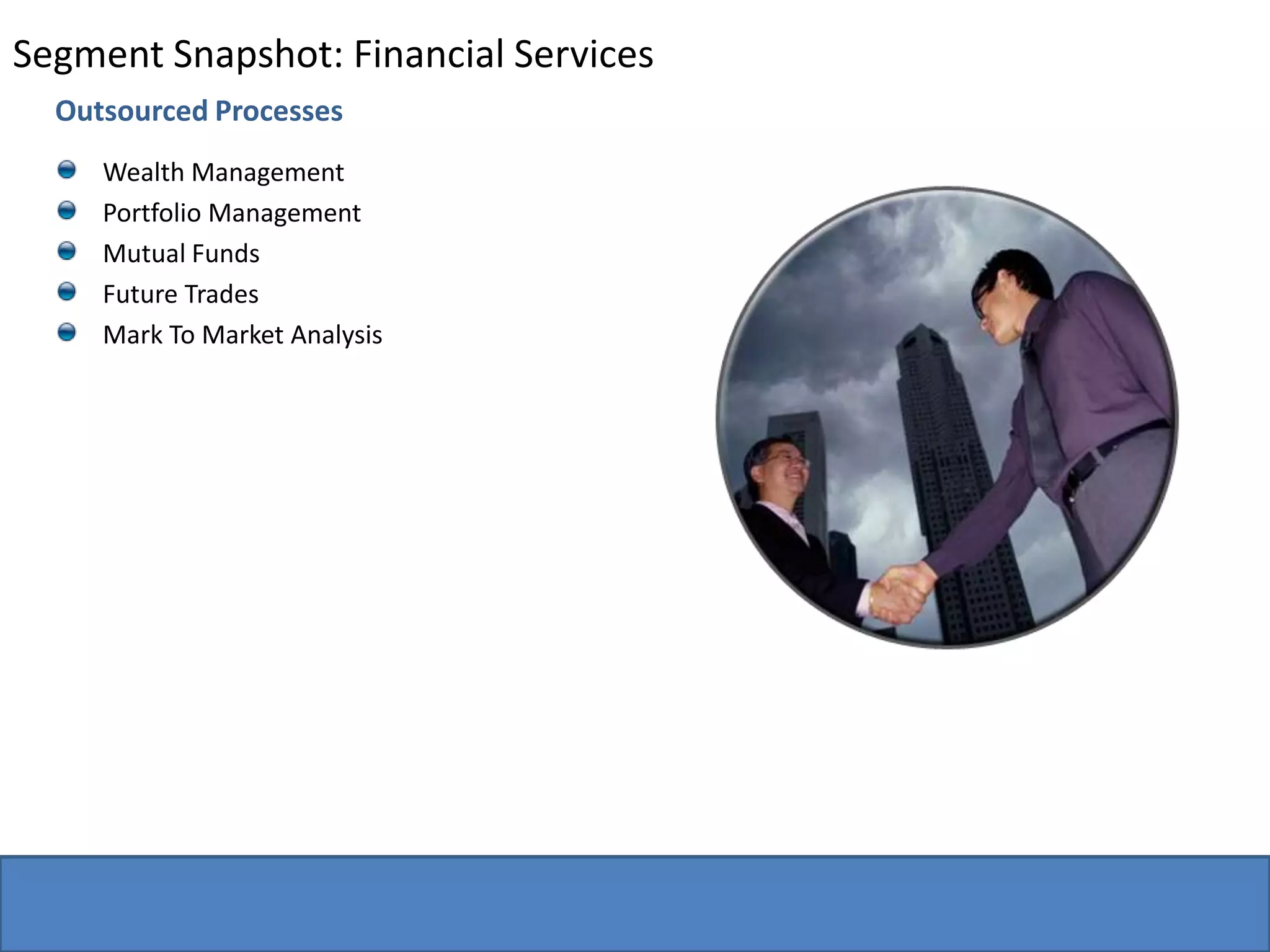 Segment Snapshot: Financial ServicesOutsourced ProcessesWealth ManagementPortfolio ManagementMutual FundsFuture TradesMark To Market Analysis