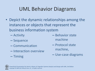 UML Behavior Diagrams <ul><li>Depict the dynamic relationships among the instances or objects that represent the business ...