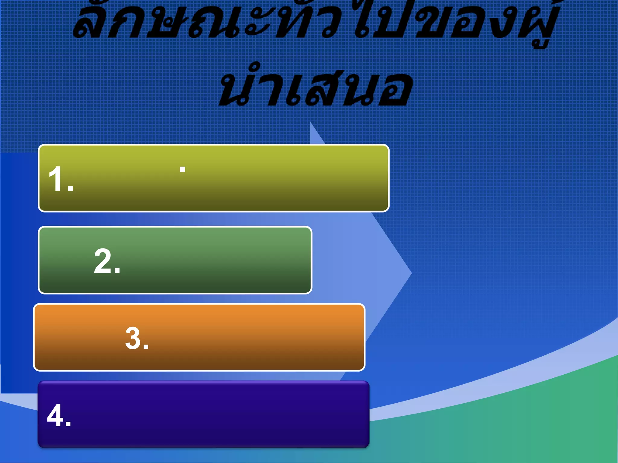 ลักษณะทั่วไปของผู้นำเสนอข.  ผู้นำเสนอที่ไม่ดี.1. คุยฟุ้ง2. มุ่งธุรกิจ3.  ผิดเวลา4.  มาไม่รอบคอบ