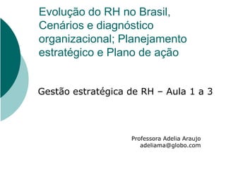 Evolução do RH no Brasil,
Cenários e diagnóstico
organizacional; Planejamento
estratégico e Plano de ação


Gestão estratégica de RH – Aula 1 a 3




                   Professora Adelia Araujo
                      adeliama@globo.com
 
