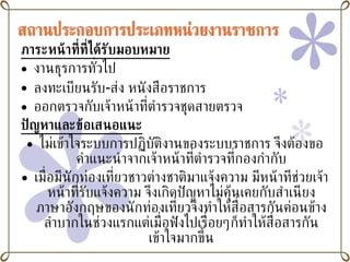 ภาระหน้าที่ที่ได้รับมอบหมาย งานธุรการทั่วไป ลงทะเบียนรับ - ส่ง หนังสือราชการ ออกตรวจกับเจ้าหน้าที่ตำรวจชุดสายตรวจ ปัญหาและข้อเสนอแนะ ไม่เข้าใจระบบการปฏิบัติงานของระบบราชการ จึงต้องขอคำแนะนำจากเจ้าหน้าที่ตำรวจที่กองกำกับ เมื่อมีนักท่องเที่ยวชาวต่างชาติมาแจ้งความ มีหน้าทีช่วยเจ้าหน้าที่รับแจ้งความ จึงเกิดปัญหาไม่คุ้นเคยกับสำเนียงภาษาอังกฤษของนักท่องเที่ยวจึงทำให้สื่อสารกันค่อนข้างลำบากในช่วงแรกแต่เมื่อฟังไปเรื่อยๆก็ทำให้สื่อสารกันเข้าใจมากขึ้น 