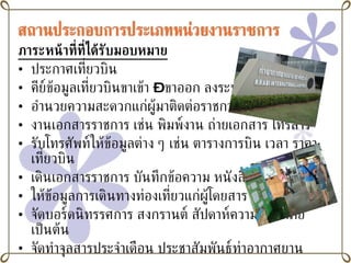 ภาระหน้าที่ที่ได้รับมอบหมาย ประกาศเที่ยวบิน คีย์ข้อมูลเที่ยวบินขาเข้า  –  ขาออก ลงระบบ อำนวยความสะดวกแก่ผู้มาติดต่อราชการ งานเอกสารราชการ เช่น พิมพ์งาน ถ่ายเอกสาร โทรสาร  รับโทรศัพท์ให้ข้อมูลต่าง ๆ เช่น ตารางการบิน เวลา ราคา เที่ยวบิน เดินเอกสารราชการ บันทึกข้อความ หนังสือคำสั่ง เป็นต้น ให้ข้อมูลการเดินทางท่องเที่ยวแก่ผู้โดยสาร จัดบอร์ดนิทรรศการ สงกรานต์ สัปดาห์ความปลอดภัย เป็นต้น จัดทำจุลสารประจำเดือน ประชาสัมพันธ์ท่าอากาศยาน 