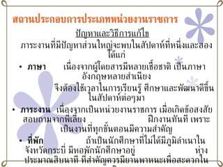 ปัญหาและวิธีการแก้ไข ภาระงานที่มีปัญหาส่วนใหญ่จะพบในสัปดาห์ที่หนึ่งและสองได้แก่ ภาษา   เนื่องจากผู้โดยสารมีหลายเชื้อชาติ เป็นภาษาอังกฤษหลายสำเนียง   จึงต้องใช้เวลาในการเรียนรู้ ศึกษาและพัฒนาดีขึ้นในสัปดาห์ต่อๆมา ภาระงาน   เนื่องจากเป็นหน่วยงานราชการ เมื่อเกิดข้อสงสัย สอบถามจากพี่เลี้ยง ฝึกงานทันที เพราะเป็นงานที่ทุกขั้นตอนมีความสำคัญ ที่พัก ถ้าเป็นนักศึกษาที่ไม่ได้มีภูมิลำเนาในจังหวัดกระบี่ มีหอพักนักศึกษาอยู่ ห่างประมาณสิบนาที ที่สำคัญควรมียานพาหนะเพื่อสะดวกในการเดินทาง การแต่งกาย ต้องแต่งกายด้วยชุดนักศึกษาที่ถูกต้องและถูกระเบียบตลอดระยะฝึกงาน อัธยาศัย ยิ้มแย้ม มีไมตรีกับผู้โดยสารทุกประเภท เต็มใจบริการ 