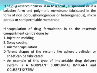 The dug reservoir can exist in to a solid , suspension or in a solution form and polymeric membrane fabricated in the form of non porous{homogenous or heterogeneous}, micro porous or semipermiable membrane.