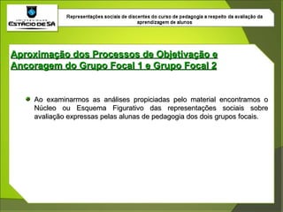 Ao examinarmos as análises propiciadas pelo material encontramos o Núcleo ou Esquema Figurativo das representações sociais sobre avaliação expressas pelas alunas de pedagogia dos dois grupos focais. Aproximação dos Processos de Objetivação e Ancoragem do Grupo Focal 1 e Grupo Focal 2 
