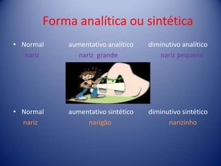 Forma analítica ou sintéticaNormal               aumentativo analítico         diminutivo analíticonariz                        nariz  grande                          nariz pequenoNormal               aumentativo sintético         diminutivo sintético     nariz                               narigão                                   narizinho