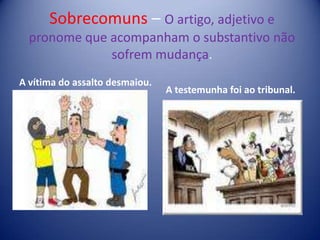 Sobrecomuns – O artigo, adjetivo e pronome que acompanham o substantivo não sofrem mudança.A vítima do assalto desmaiou.A testemunha foi ao tribunal.