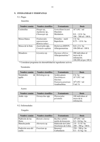 11


9. FITOSANIDAD Y FISIOPATIAS
  9.1. Plagas
      Insectiles

     Nombre común        Nombre científico            Tratamiento                Dosis
                                                                           7
   Cochinillas          Diaspis sp.,              Verticillium lecanii   10 UFC / ml
                        Aspidastus sp.,           Diazinón
                        Chianospis sp.            Metidation.            0.8 – 1.0 lt / ha
                                                                         100 – 200 ml / 100 lt
   Mosca blanca         Trialeurodes              Pirimifos – metil      1 lt / ha
                        vaporariorum              Buprofezin             0.75 – 1.0 lt / ha
                        Bemisia tabaci
   Mosca de la fruta    Anastrepha spp.,          Diclorvos (DDVP)       0,8-1,2 lt / ha
                        Ceratytis capitata        Alfacipermetrina       100-200 ml / 100 lt

   Minadores            Liryomiza sp.             Dacnusa sibirica       200 individuos al
                                                  Alfacipermetrina *     inicio de la
                                                                         infestación.
                                                                         100-200 ml por 100 lt
    * Considerar programas de alternabilidad de ingredientes activos.

      Nemátodos

     Nombre común   Nombre científico      Tratamiento                          Dosis
   Nemátodos     de Meloidogyne sp.   Acidos grasos                      2 lt / ha
   agalla                             Paecilomyces                       107 UFC / ml
                                      lilacinus
                                      Pasteuria penetrans                108 UFC / ml
                                      Azadirachtina                      5 ml / lt

      Acaros

    Nombre común         Nombre científico     Tratamiento                       Dosis
   Araña roja           Tetranychus spp.   Phytoseiulus                  100 individuos al
                                           persimilis                    inicio de la
                                                                         infestación.

  9.2. Enfermedades

      Fungales

     Nombre común        Nombre científico            Tratamiento               Dosis
                                                                           8
   Pudrición de las     Botrytis cinerea          Bacillus subtilis      10 UFC / ml
   flores                                         metilo de kresoxim     0,3 - 0,4 kg / ha
   Mancha parda         Alternaria sp.            Hidróxido de Cobre     3.9 – 5.5 lt / ha
                                                  Oxicloruro de Cobre    200 – 300 g / 100 lt
   Pudrición seca del   Fusarium sp.              Benomyl                250 – 500 g / ha
   cuello                                         Carbendazin            0.3 – 0.5 kg / ha
 
