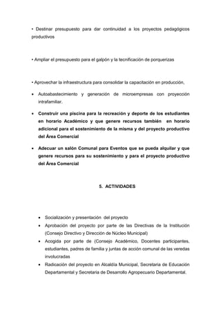 • Destinar presupuesto para dar continuidad a los proyectos pedagógicos
productivos




• Ampliar el presupuesto para el galpón y la tecnificación de porquerizas




• Aprovechar la infraestructura para consolidar la capacitación en producción,

•   Autoabastecimiento y generación de microempresas con proyección
    intrafamiliar.

•   Construir una piscina para la recreación y deporte de los estudiantes
    en horario Académico y que genere recursos también               en horario
    adicional para el sostenimiento de la misma y del proyecto productivo
    del Área Comercial

•   Adecuar un salón Comunal para Eventos que se pueda alquilar y que
    genere recursos para su sostenimiento y para el proyecto productivo
    del Área Comercial




                                  5. ACTIVIDADES




    •   Socialización y presentación del proyecto
    •   Aprobación del proyecto por parte de las Directivas de la Institución
        (Consejo Directivo y Dirección de Núcleo Municipal)
    •   Acogida por parte de (Consejo Académico, Docentes participantes,
        estudiantes, padres de familia y juntas de acción comunal de las veredas
        involucradas
    •   Radicación del proyecto en Alcaldía Municipal, Secretaria de Educación
        Departamental y Secretaria de Desarrollo Agropecuario Departamental.
 